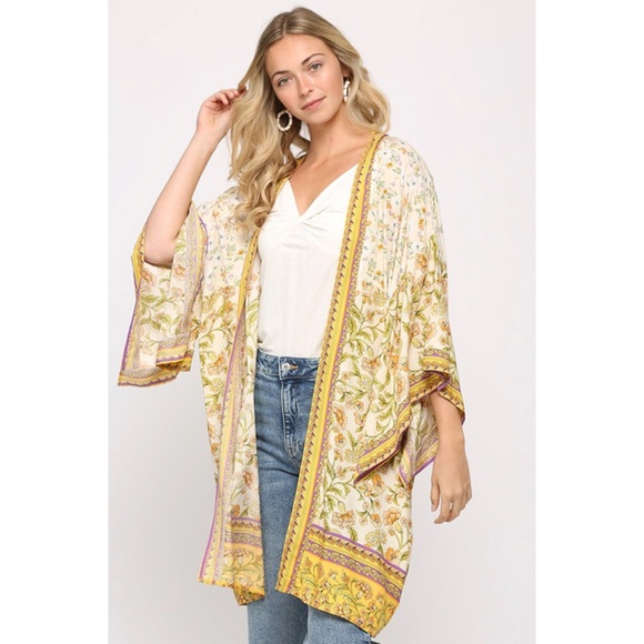 Tops - SOLD OUT Yellow Golden Bohemian Floral 3/4 Sleeve Open Kimono Casual Wrap